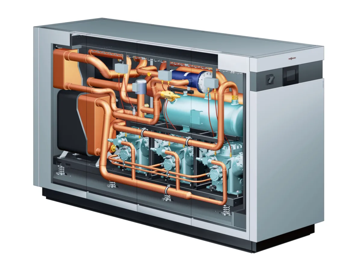 Viessmann Vitocal 350-HT PRO kesit görünümü: kompresörler ve soğutma devresi